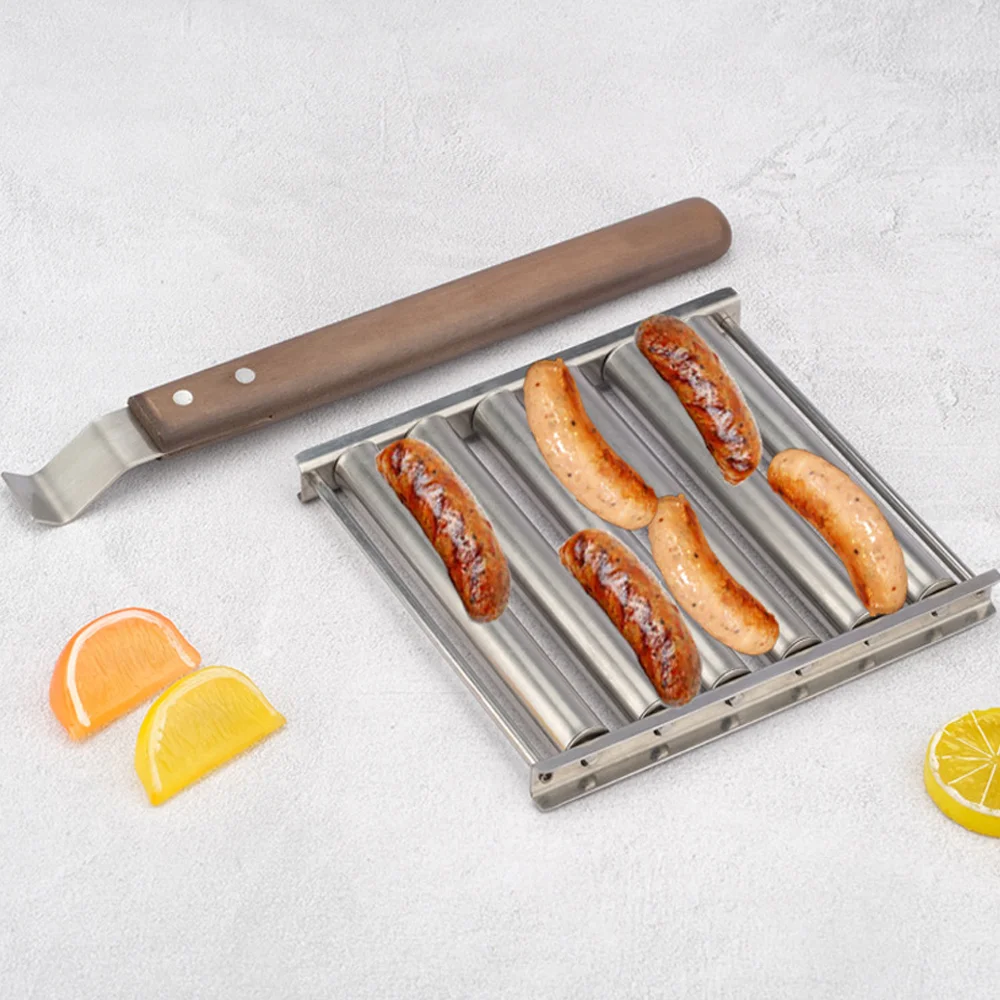 

BBQ Grill Tray Hot Dog Roller Shelf Stainless Steel Sausage Roller Rack with Handle Barbecues Tools Picnic Hot Dog Roll Griller