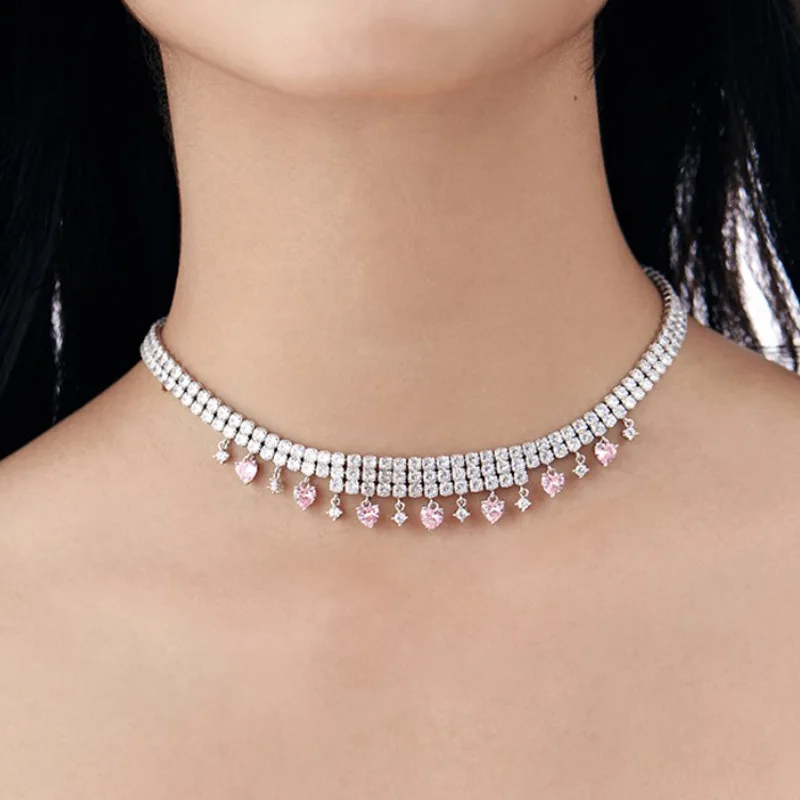

New Pink Heart Pendant Stitching Necklace Luxury Design Collar Choker Collarbone Chain