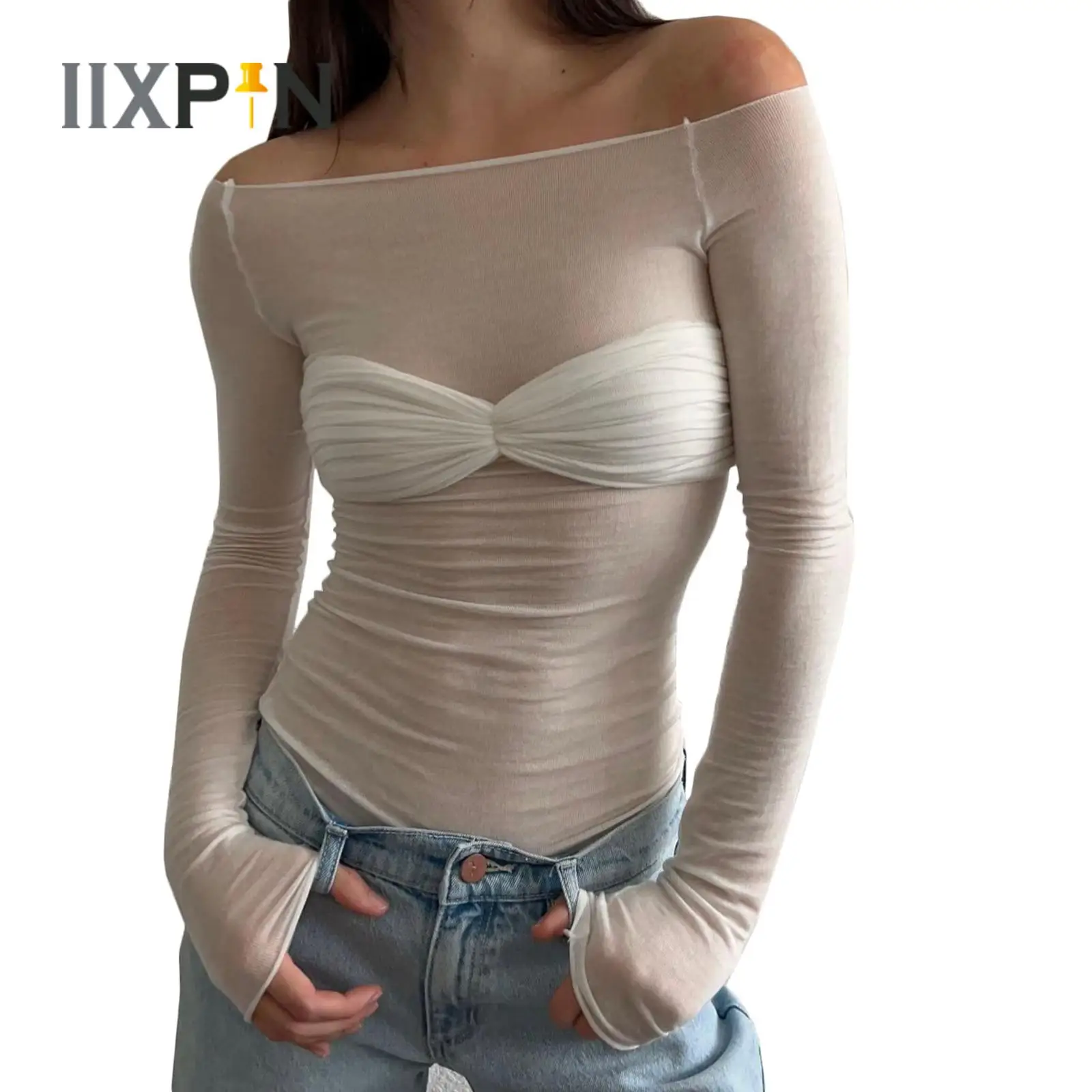 

Women Fashion Sexy T-Shirts See-Through Solid Color Slim Fit Long Sleeve Ruched Off Shoulder Shirt Tops for Club Party Beachwear