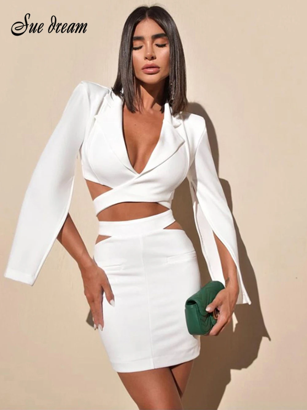 2021 Fall New White Two-piece Women's Sexy V-neck Top and Mini Skirt Hollow Long Sleeve Club Party Set