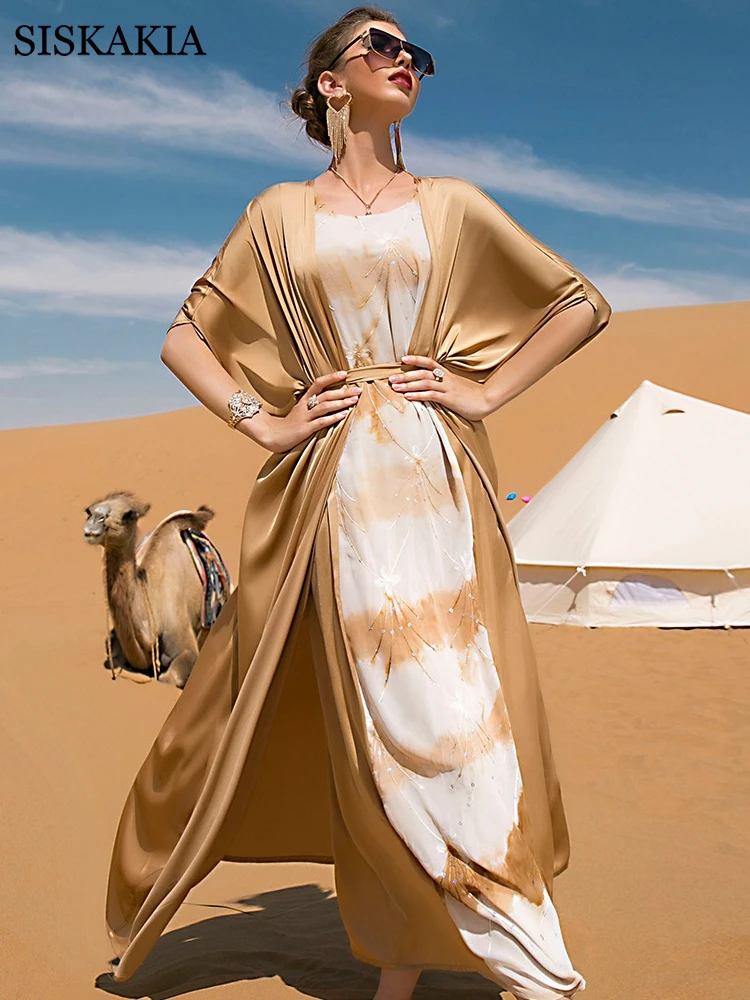 Верблюжье платье с блестками Туника мусульманская одежда ислам комплект из двух предметов абаи для женщин Дубай 2022 одежда для Рамадана Бес...