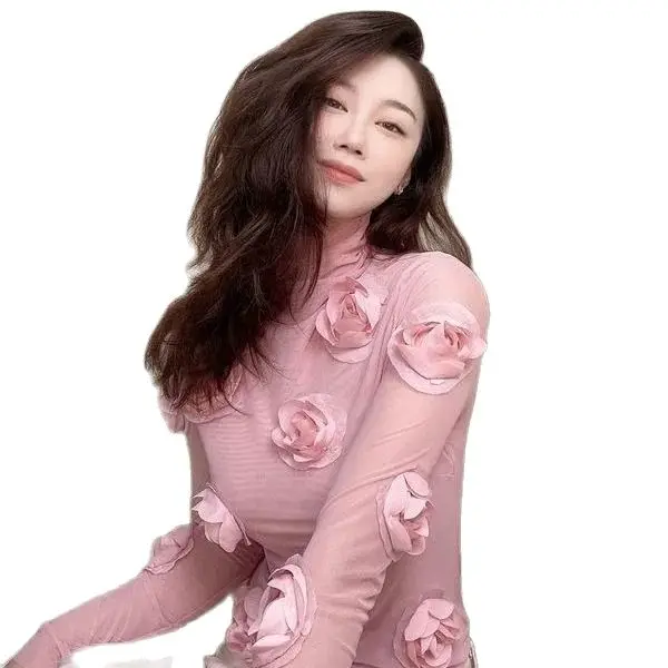 

Flower half high collar long sleeve T-shirt women's top lace t-shirts female clothes P3 699