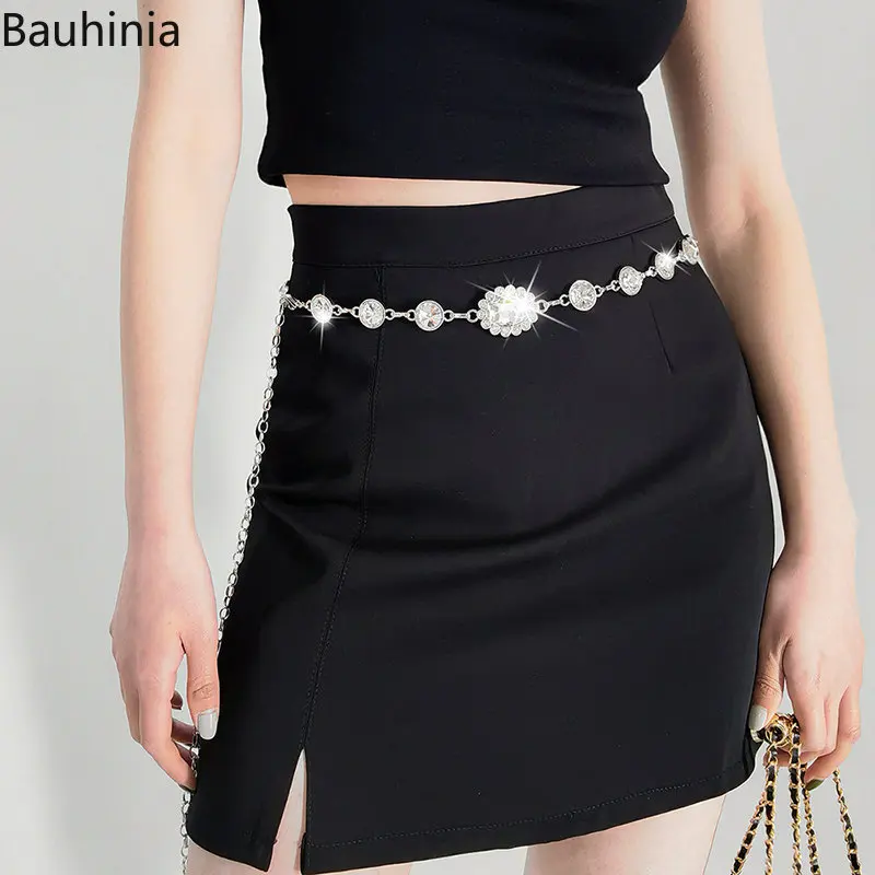 Bauhinia Trendy Shiny Rhinestones Women Thin Belt Silver Metal Adjustable Waist Strap Body Chains Dress Decor