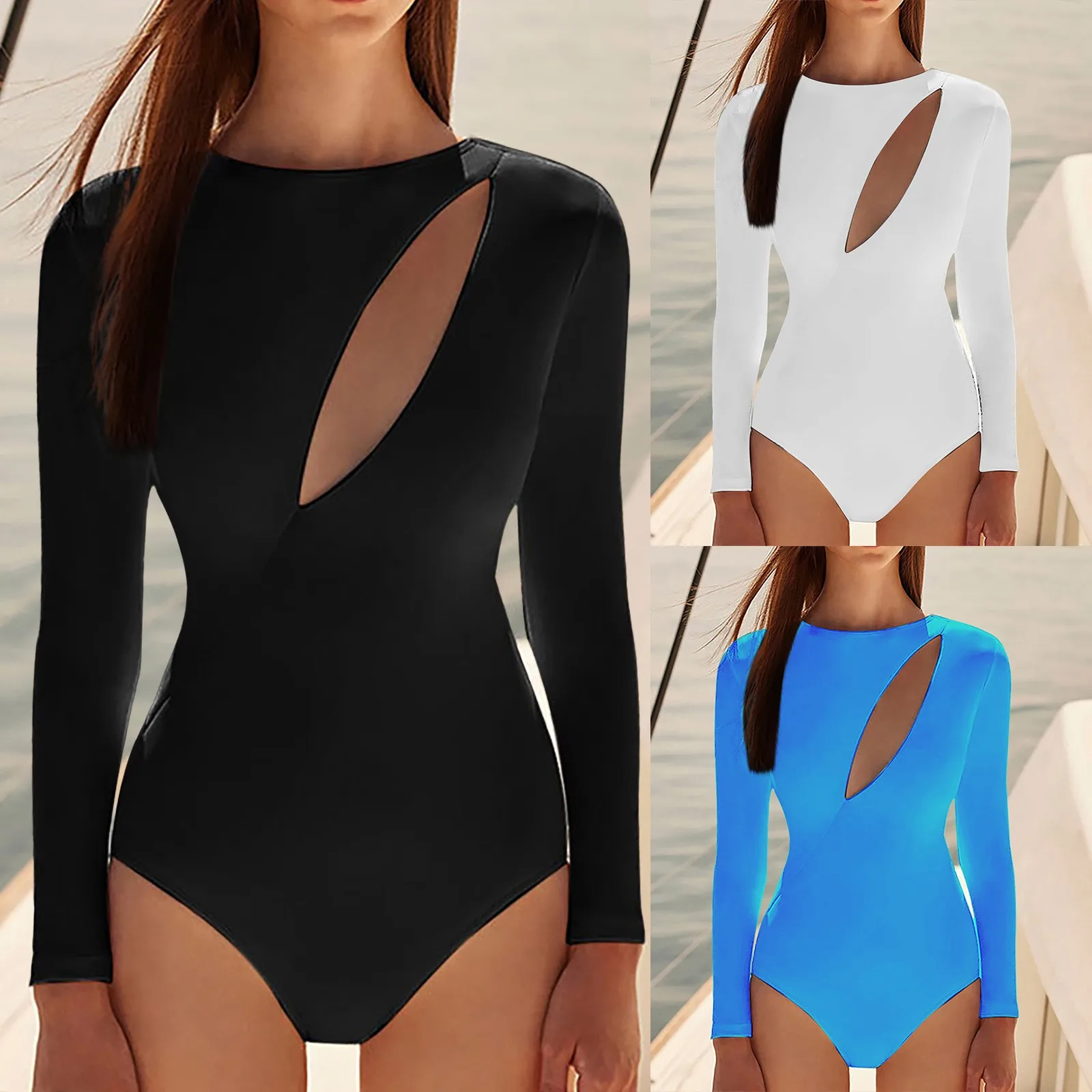 

Женский слитный купальник с длинным рукавом, однотонный купальный костюм с вырезами и открытой спиной для серфинга, бикини, боди для женщин,...