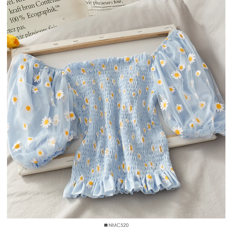 

Women Floral Top Puff Sleeve Mesh Blouse Smocking Short Top Summer Daisy Print Mesh Slash Neck Sweet Top