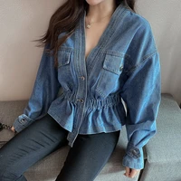 sexy deep v neck long sleeve jean jacket women fashion elegant slim coats korean style elastic waist ruffle design denim jacket