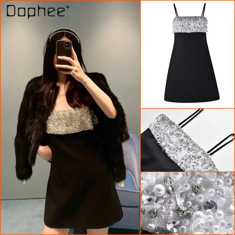 French Luxury Rhinestone Sling Dress Women 2022 Summer New Elegant Off-shoulder Collar Celebrity Tweed Short Suspender Dresses