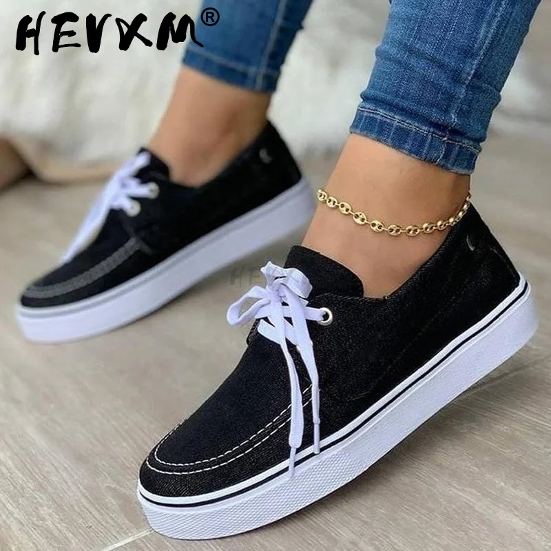 

Women's Canvas Shoes Spring New Solid Denim Fabric Ladies Lace Up Casual Loafers 35-43 Large-Sized Female Comfy Sneakers