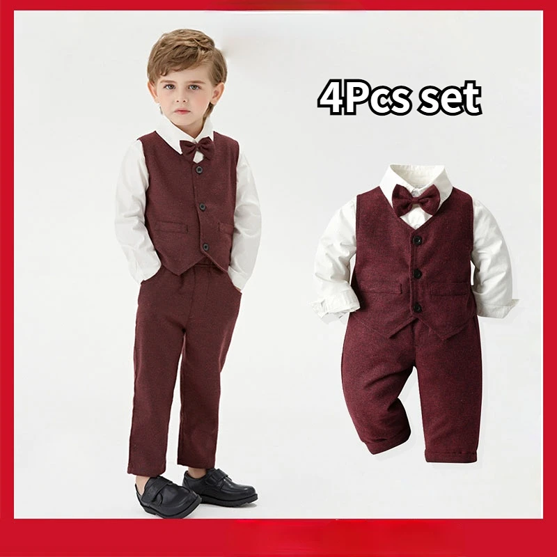 

Fashion Baby Gentleman Outfit Red Suit Kids Boys Boss Clothes for Birthday Party Wedding Photograph Attire Boys Clothes 1-6y