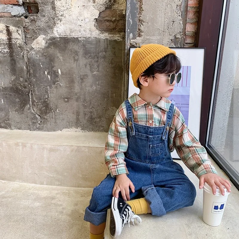 

Kids casual denim overalls spring autumn children loose pockets rompers