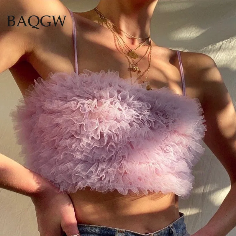 

Сетчатые дизайнерские тонкие майки с оборками Y2K для девушек, летние однотонные Ажурные топы на бретелях-спагетти, бюстье, укороченные топы,...