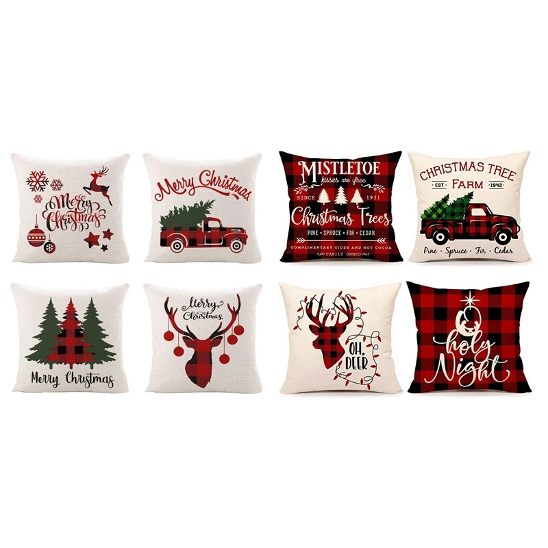 

HOT-Christmas Throw Pillow Covers, Cotton Linen Decorative Pillowcases & Christmas Buffalo Check Plaid Throw Pillow Covers