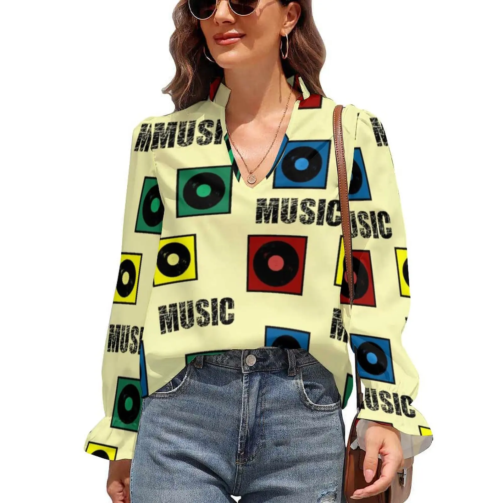 

Шифоновая Блузка с принтом, V-образным вырезом и рукавами-фонариками