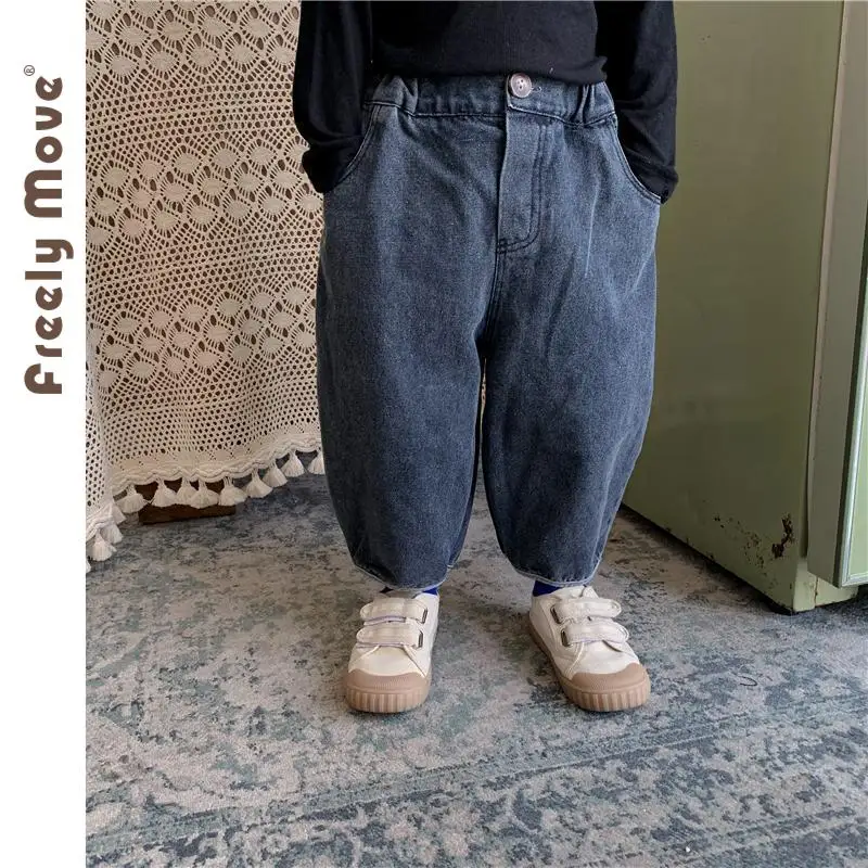 

Freely Move Loose Casual Boys Denim Pants Girls Jeans Solid Pockets Kids Trousers 2023 New Autumn Children Clothes Kids Clothes