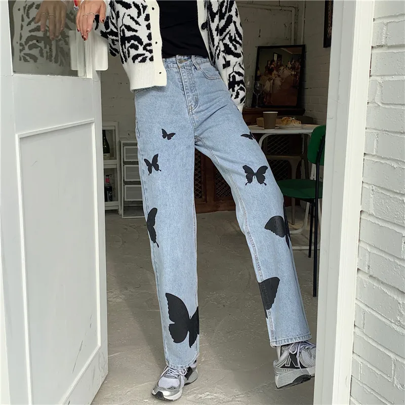

S-4XL Butterfly Print Jeans Women High Waist Straight Plus Size Jeans Casual Loose Long Pants 2022 Spring Summer