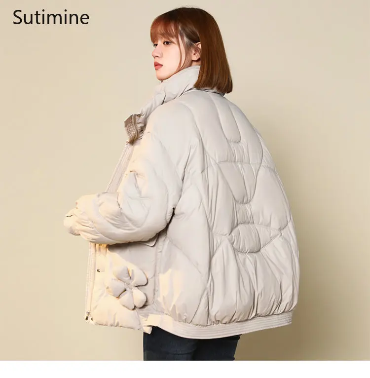 Winter Clothes Women Pockets Casual Flower Cotton Padded Clothes for Women Korean Version Loose and Lovely Zipper Coat Women