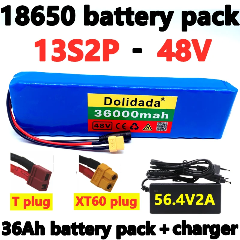 

E-bike battery 48v 36Ah 18650 lithium ion battery pack 13S2P bike conversion kit bafang 1000w and 54.6V 2A Charger + XT60/T Plug