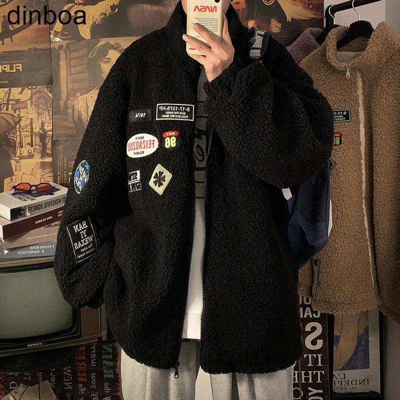 

Dinboa-женские и мужские свободные куртки на молнии, уличная одежда из овечьей шерсти, парные трендовые куртки большого размера, корейская мод...