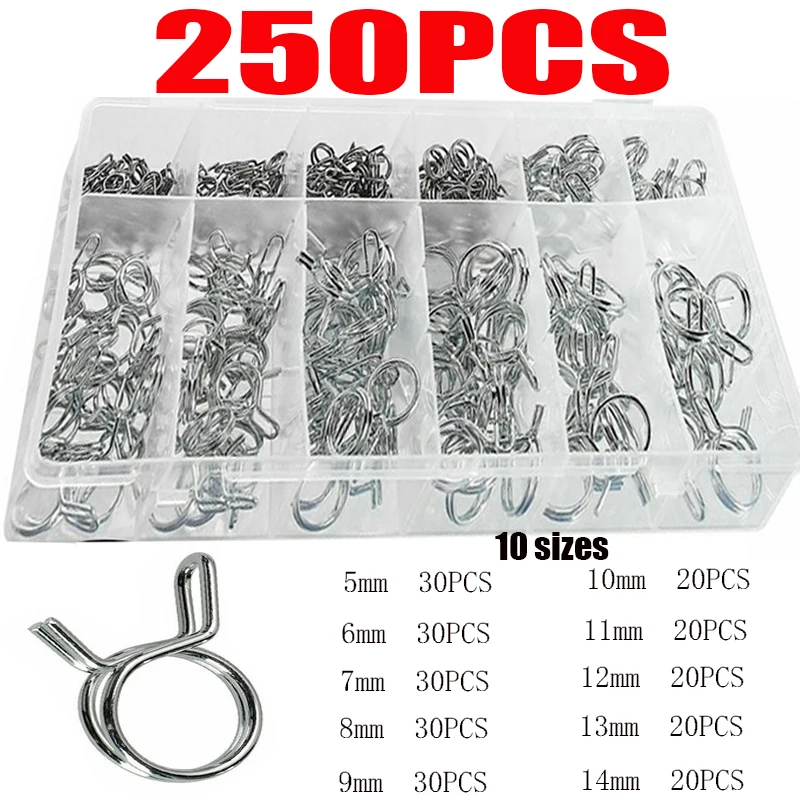

250pcs 5/6/7/8/9/10/11/12/13/14mm Double-line Spring Clamp Water Pipe Air Tubing Fuel Line Hose Tube Spring Clips Clamp Kits Car