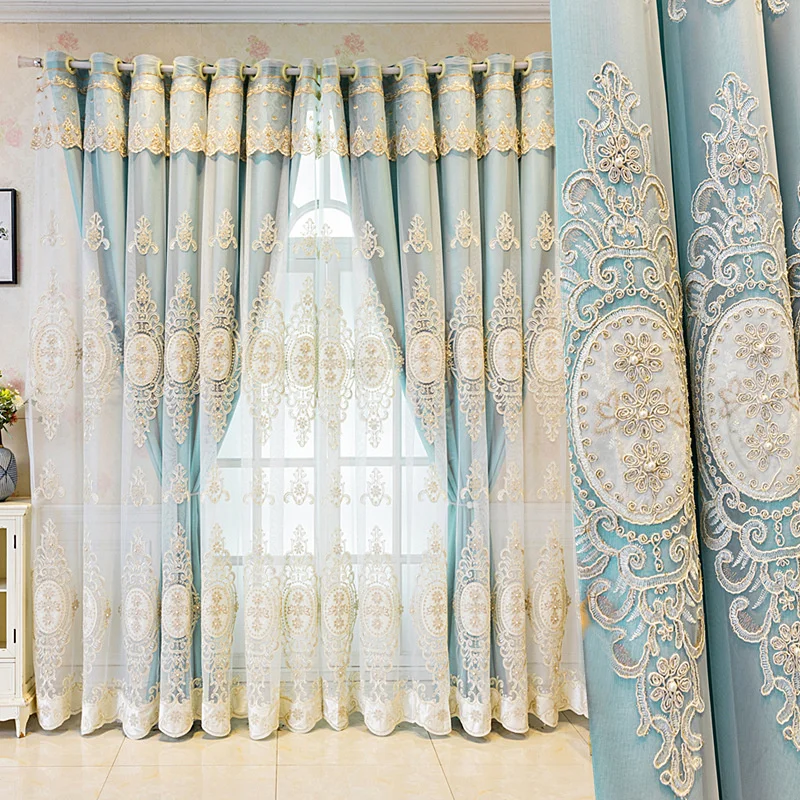 

New French Curtain For Living Room Luxury European Style Double Layer Curtains Relief Embroidery Tulle and Blue Cloth Fabric