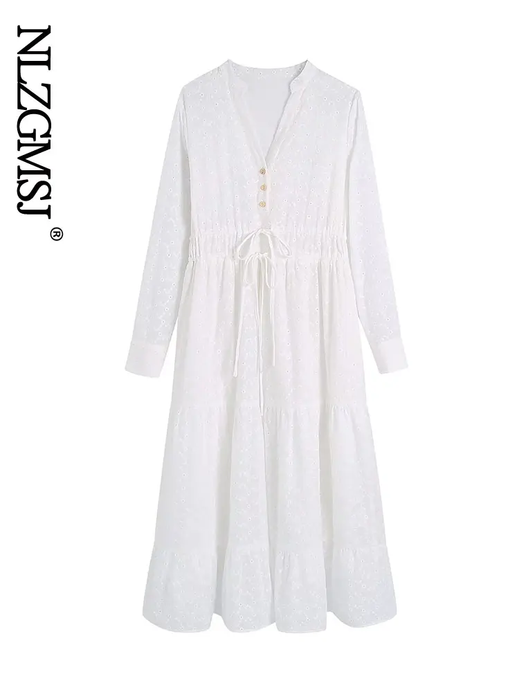 

Nlzgmsj Women Chic Fashion Hollow Out Embroidery Midi Dress Vintage Long Sleeve Drawstring Female Dresses 202204