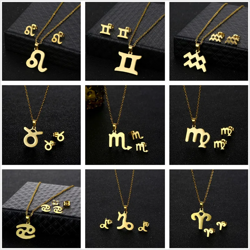 

Fashion Gold Color Twelve Constellations Pendant Necklace Earrings Set for Women's Jewelry Wedding Party Accessories