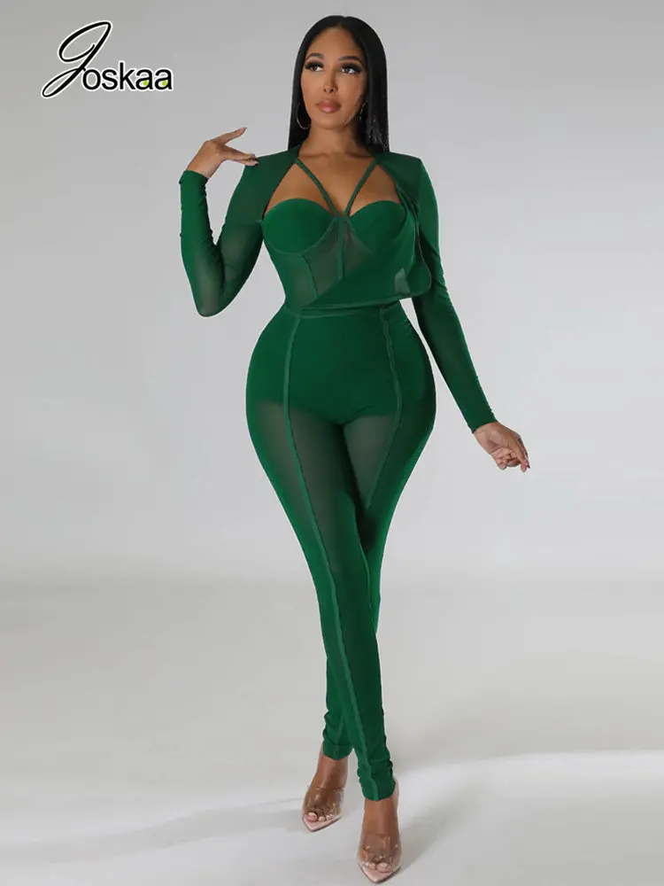 

Joskaa Patchwork Mesh Jumpsuits Women One Piece Outfits Spring 2023 Sexy See Through Low Cut Long Sleeve Party Nightclub Rompers