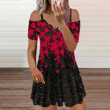 Dresses Ladies Elegant 2022 Plus Size Summer T Shirt Dresses Flower Print Short Sleeve Tunic Straps Dresses For Women vestidos 1
