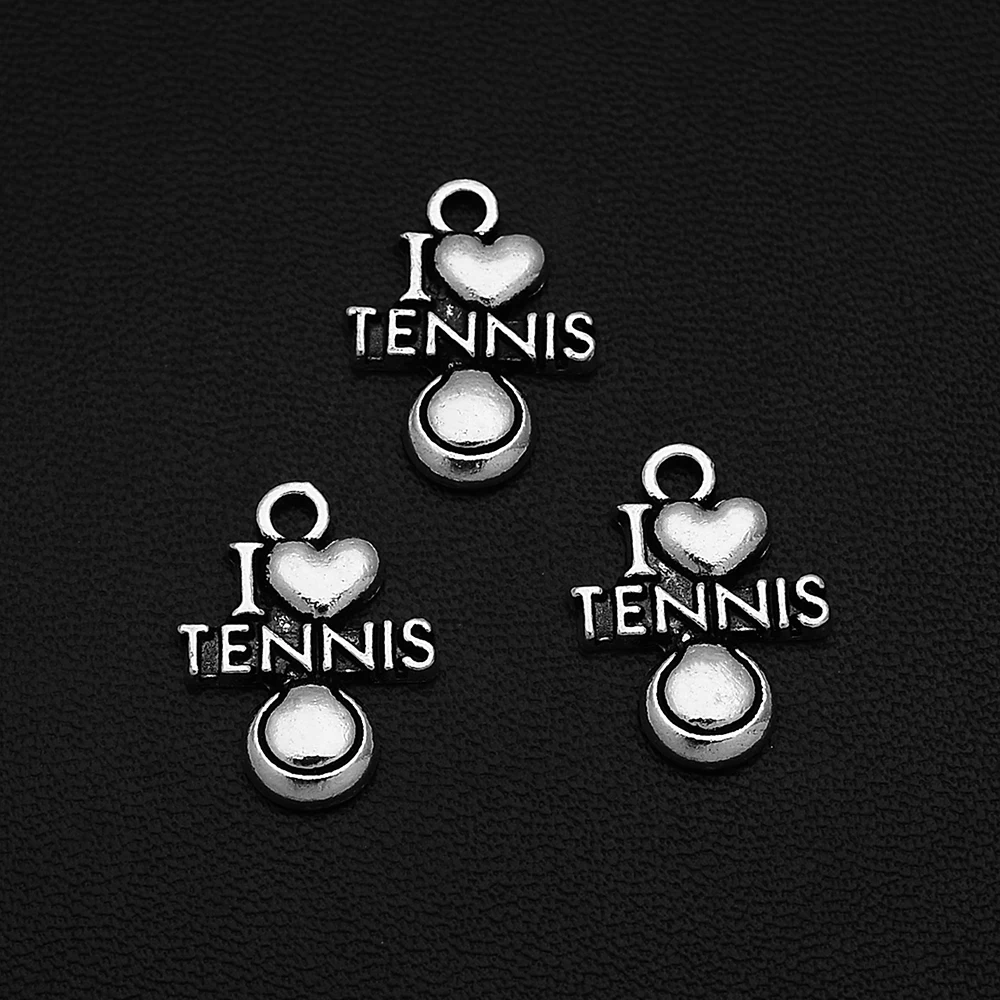 30 шт./лот 14x18 мм антикварные посеребренные Подвески I Love Tennis Charms Sport Ball Heart Подвески для изготовления ювелирных изделий оптом россыпью