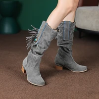 metal decorative rivets pointed wood grain thick heel mid tube western boots frosted flock material tassel womens boots