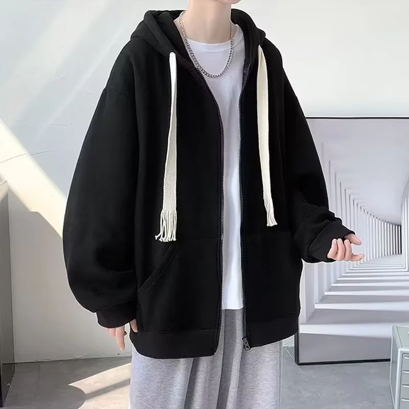 

Solid Color Zip Up Hoodies Harajuku Casual Fleece Autumn and Winter Men's ClothingIns Drawstring Versatile Coat Couple Hoodie
