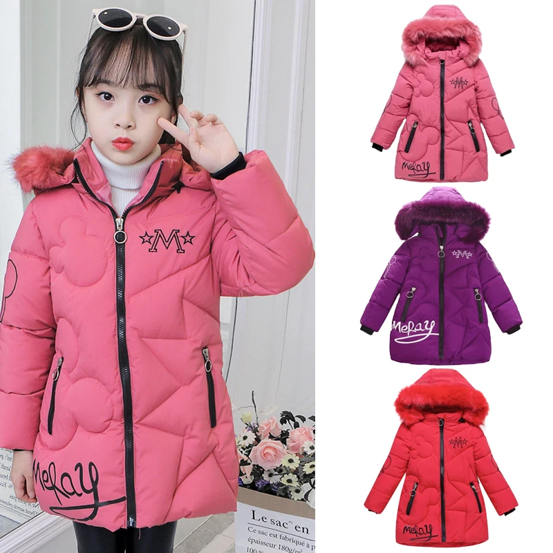 

3-12 Years Winter Girls Down Jacket Fur Collar Keep Warm Little Princess Coat Hooded Zipper Fashion Girls Outerwear Kids Clothes