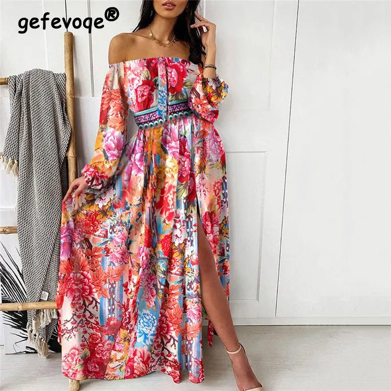 Купи Vintage Floral Printed Sexy Off Shoulder Split Party Evening Dresses for Women Elegant Fashion Long Sleeve Maxi Dress Robe Femme за 1,355 рублей в магазине AliExpress