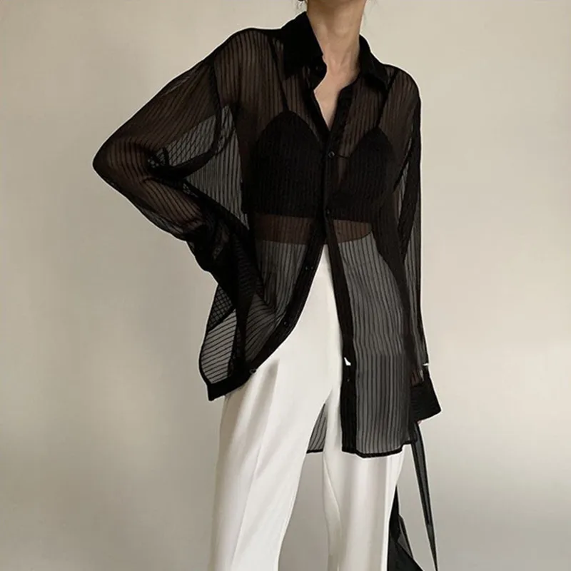 

Женская шифоновая блузка с длинным рукавом, тонкий однотонный кардиган свободного покроя, Повседневная рубашка, лето 2023