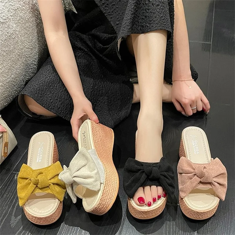 

Plus Size 42 43 Summer Outside Slippers For Women Leisure Shoes Bow Wedges Thick Platform Womans Slides Female Sandals footwear