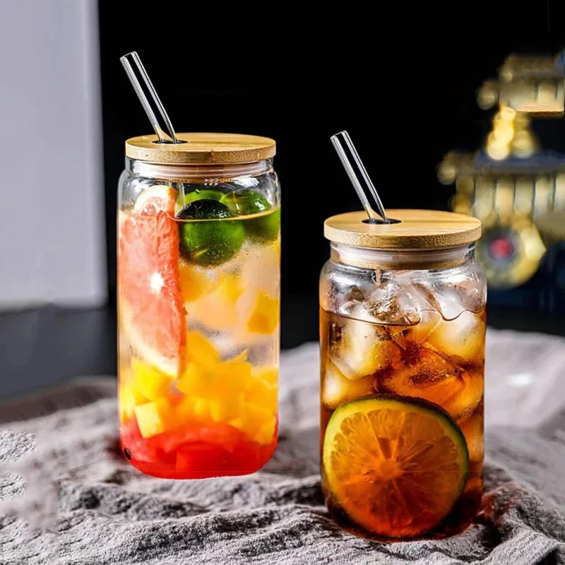 

400ml/540ml Glass Cup With Lid and Straw Transparent Bubble Tea Cup Juice Glass Beer Can Milk Mocha Cups Breakfast Mug Drinkware