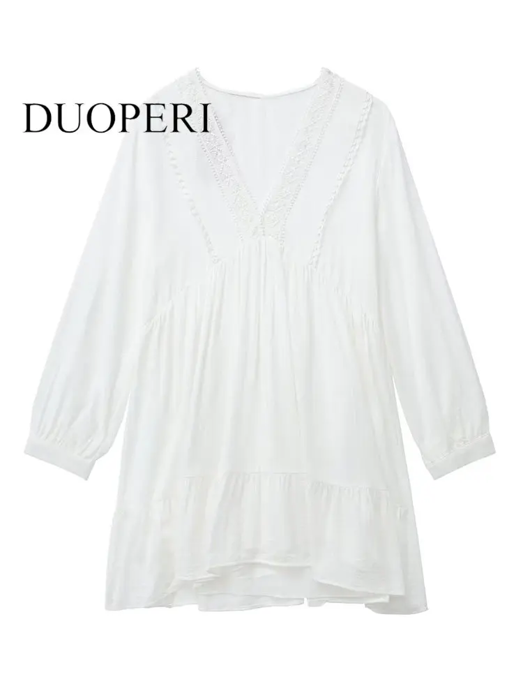 

DUOPERI женское модное с кружевом белое Плиссированное свободное мини-платье винтажное с V-образным вырезом и длинными рукавами женские шикарные платья