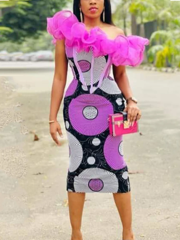 

African Women Print Bodycon Dress Ruffles Bare Shoulder Pattern Purple Midi Robes Elegant Party Birthday Event Outfits Big Size