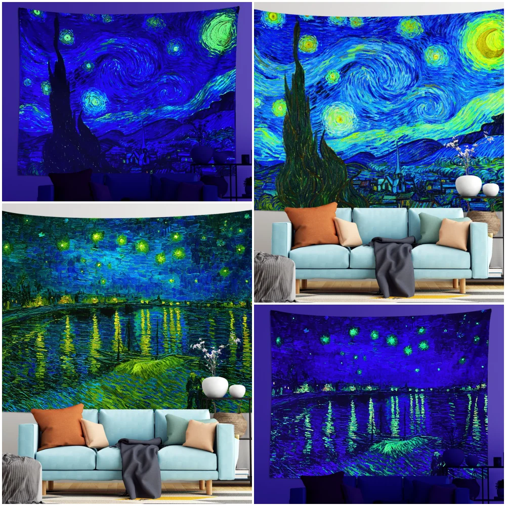 

Black Light Van Gogh Starry Sky Tapestry Wall Hanging UV Reactive Psychedelic Hippie Tapestry for Bedroom Dorm Indie Room Decor