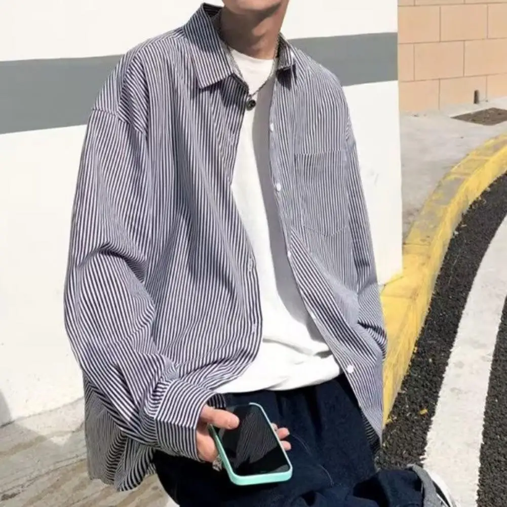 

Shirt Coat Lapel Men Shirt Loose Fit Striped Printing Work Shirt Coat