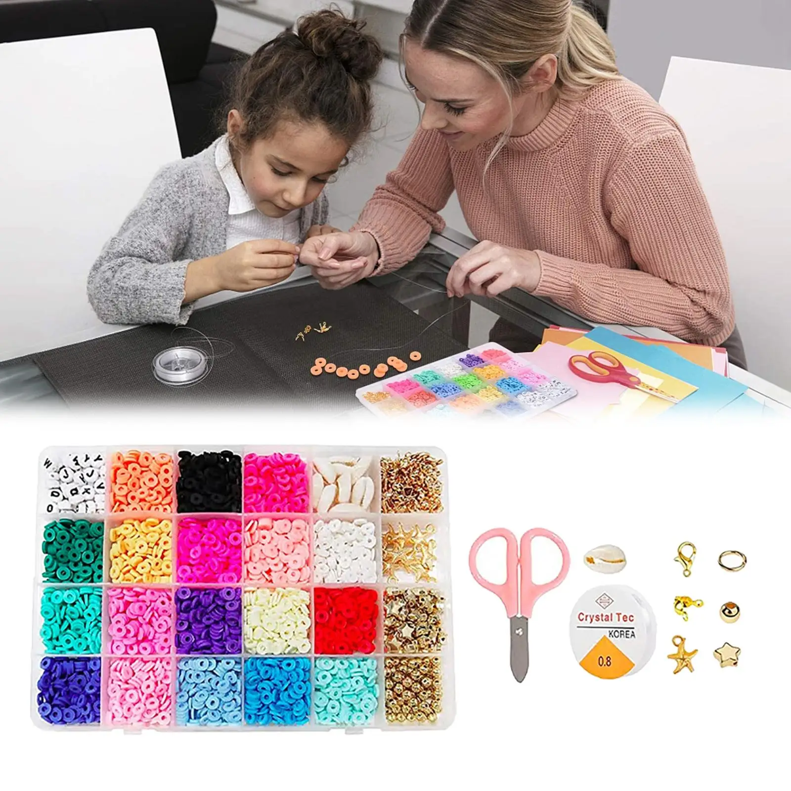 

3000Pcs Polymer Clay Beads Elastic Strings Pendant Charms Flat Round Lobster Clasp for DIY