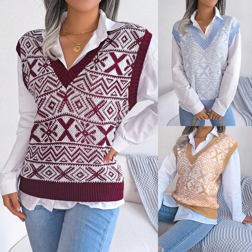 European and American autumn and winter women's Christmas snowflake pattern V-neck knitted vest sweater women
