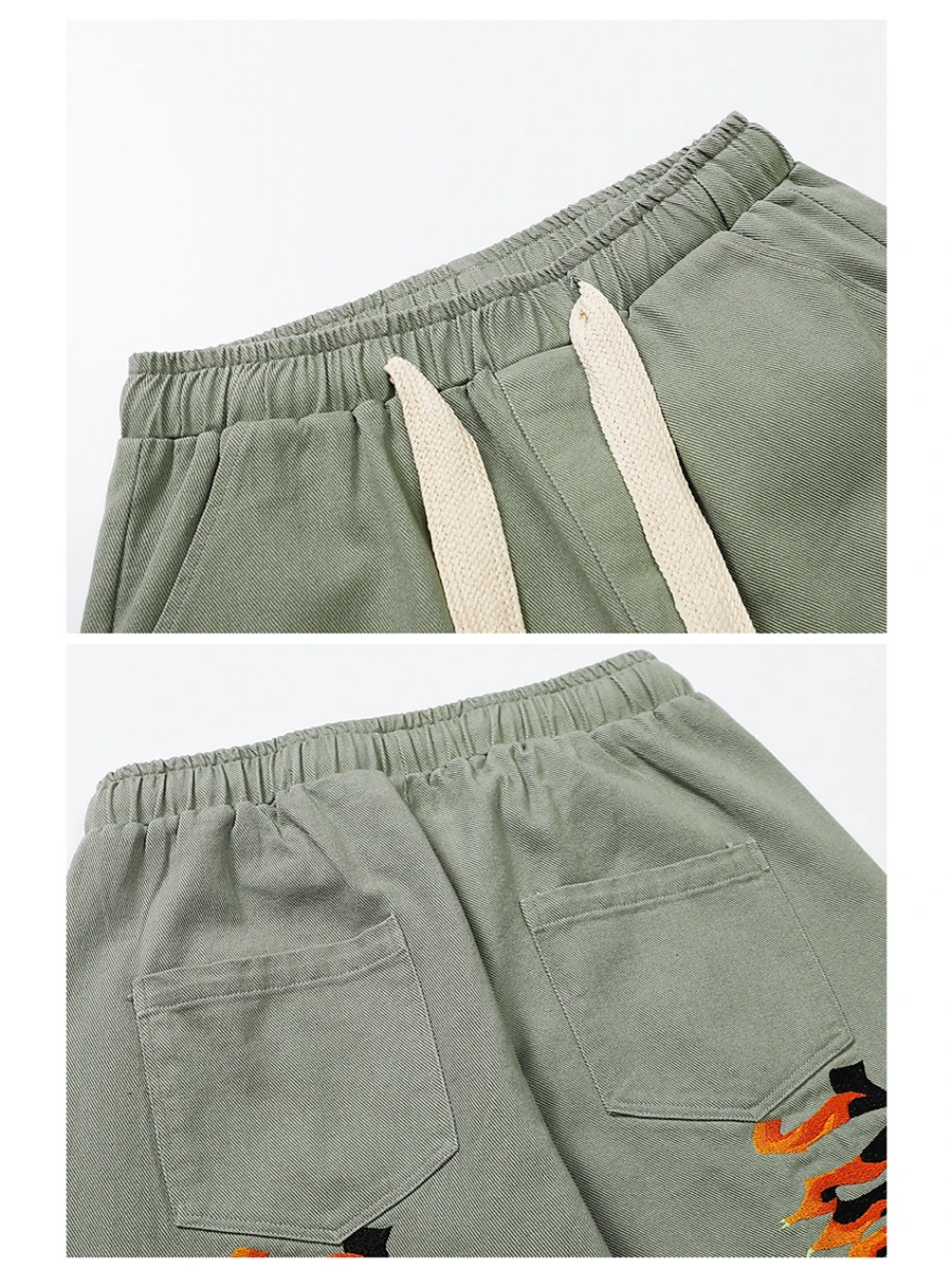 Four Seasons European and American Heavy Overalls Men's Flame Letter Embroidered Straight Jeans Y2K Men Jeans Streetwear Denim