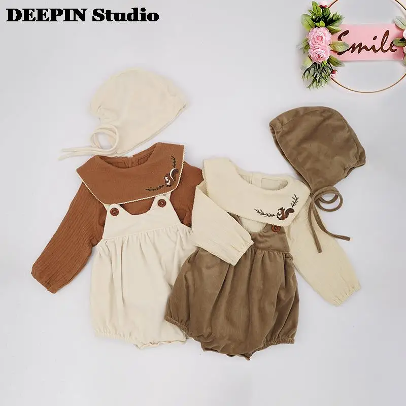 

2022 Spring New Corduroy Overalls Newborn Baby Rompers Cotton Cute Squirrel Collar Infant Clothes Outfits Twins Toddler Romper
