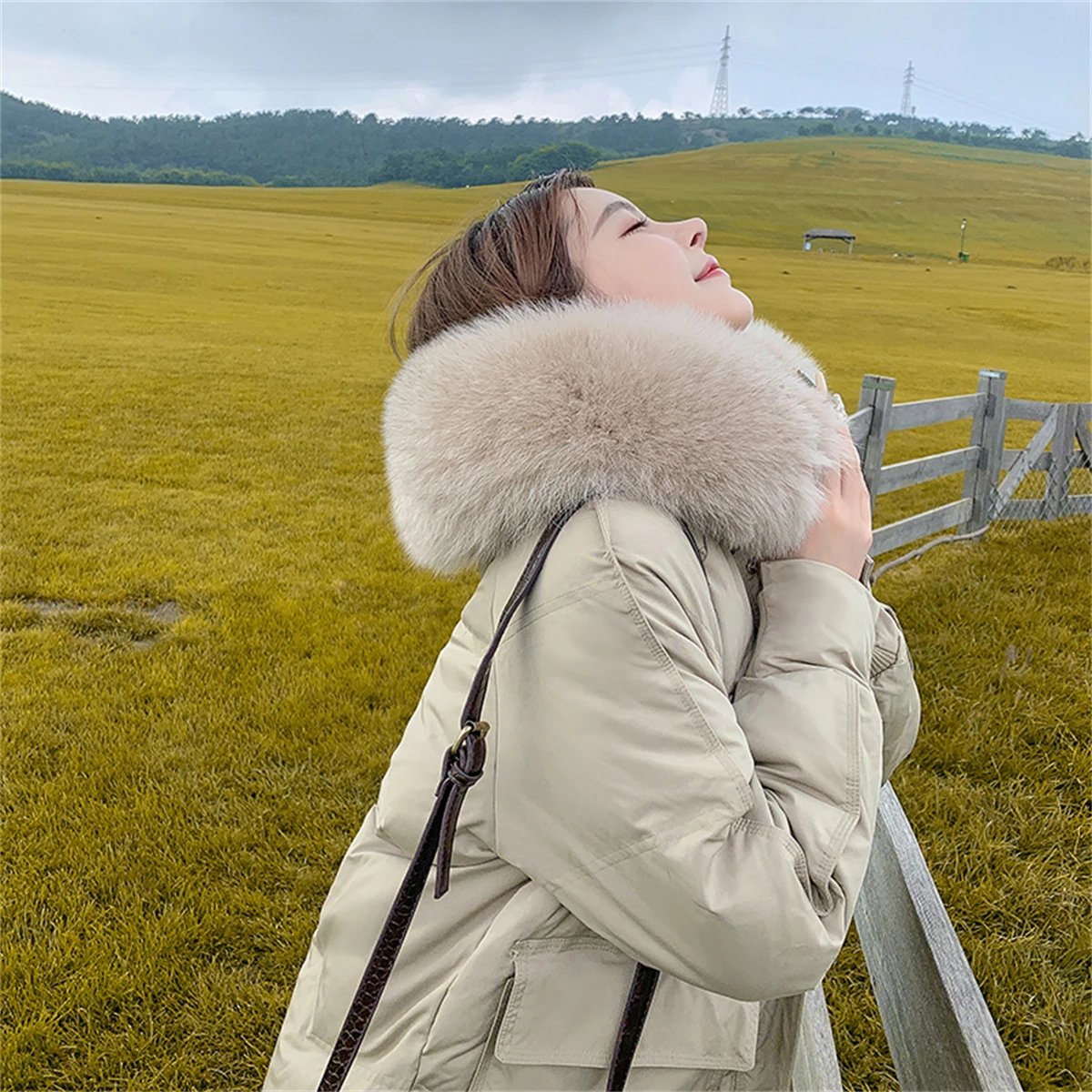 2022 Winter New Korean Version Loose Long Over Knee Hooded Large Fur Collar Bread Coat Thickened Down Cotton Coat Coat