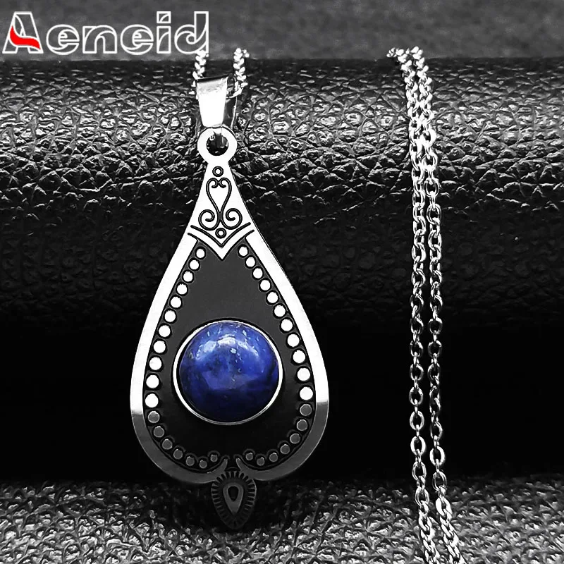 

Bohemia Style Lapis Lazuli Vintage Necklace with Natural Stone Pendant Stainless Steel Woman Boho and Ethnic Necklace Jewelry