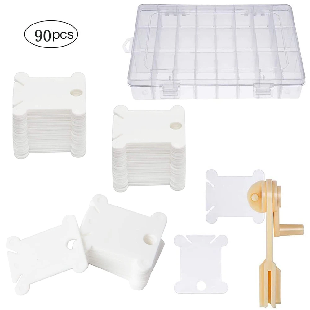 90Pcs Plastic Cross Stitch Bobbins Plastic Embroidery Floss Bobbins Organizer Box for Cross Stitch Craft DIY Sewing Storage