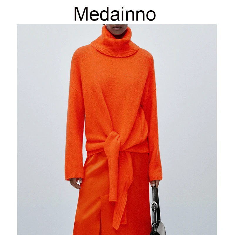 

Medainno 2022 Autumn Winter Fashion Women New Turtleneck Knitted Sweater Pullover Tied Solid Casual Simple Tops Female Jumper