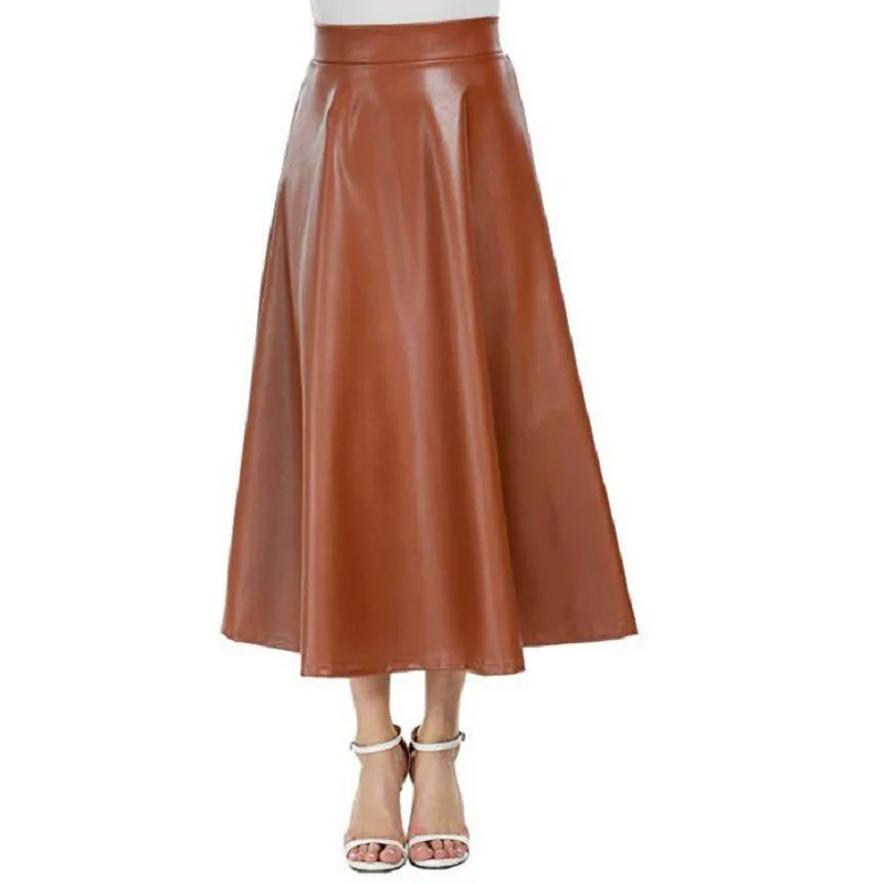 

korean fashion long skirt Pu faux leather skirt Black khaki/navy blue/burgundy women swing back zipper high waist A-line skirt