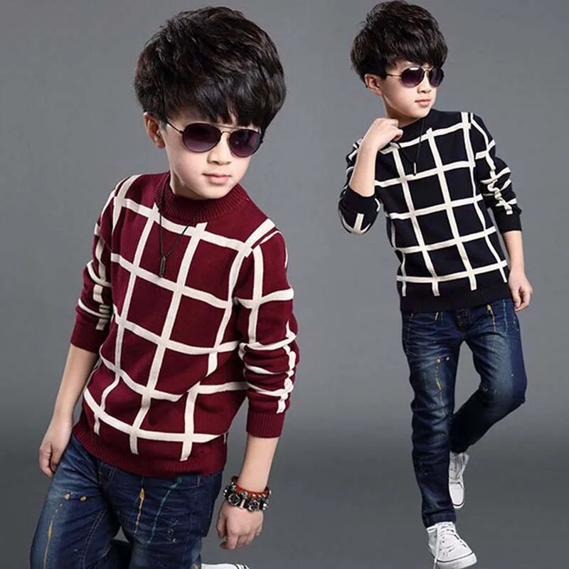 

2022 Autumn Winter Children's Clothing England Style Plaid Boys Sweater Coat Baby Jacquard Cotton Boys Pullover 4 -12Year